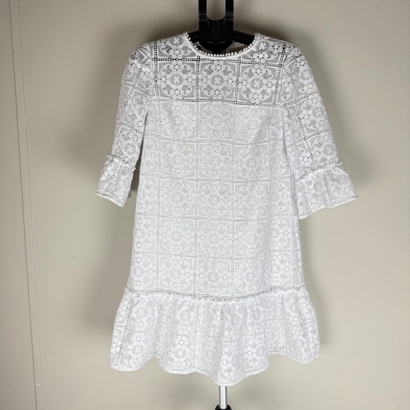 Kate Spade White Floral Lace Mini Dress Women 8 White Ruffle Bell Sleeve - Picture 3 of 7